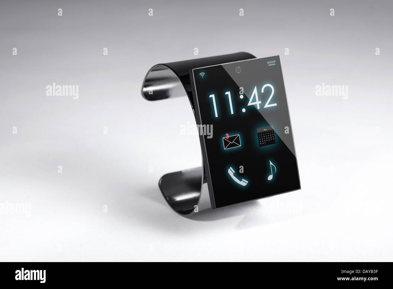 modern Internet Smart Watch on a grey background -- All Texts, Icons, Computer Interfaces where created from scratch by myself. Stock Photo
