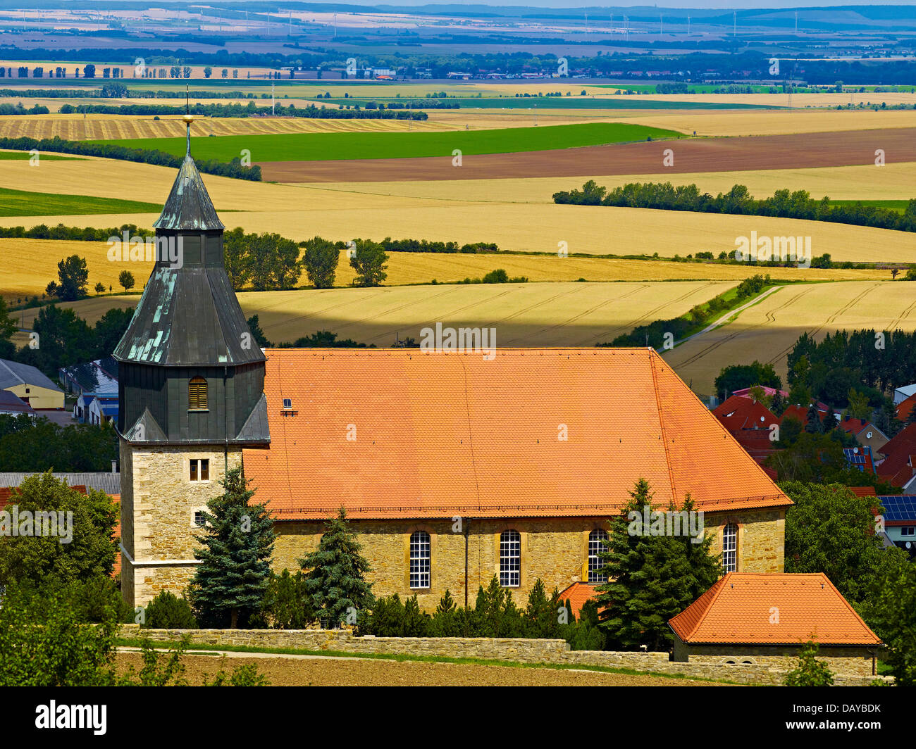 Witterda near Erfurt, Fahner Hoehe, church with view to Thuringian