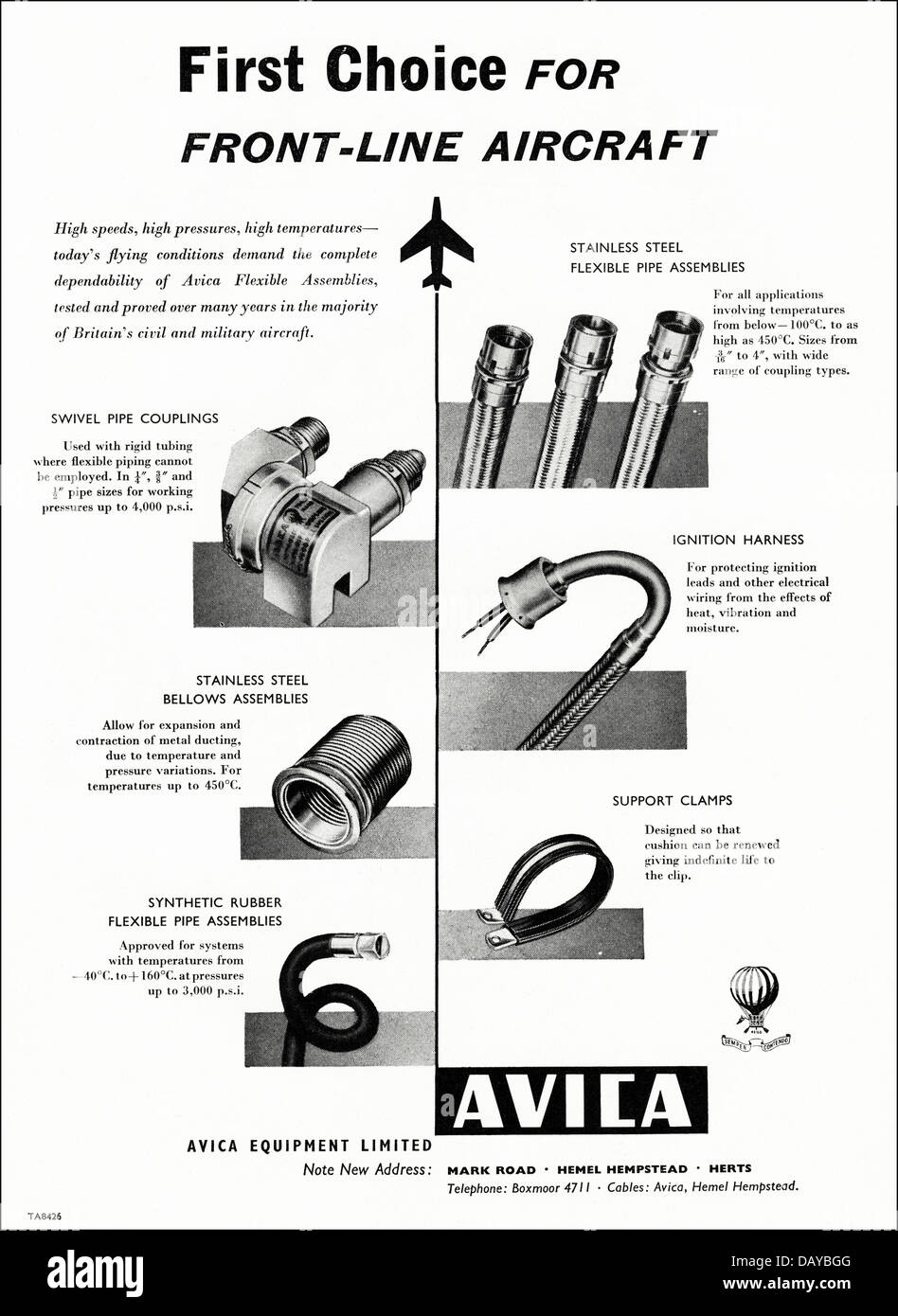 Advert for aircraft components by Avica Equipment Limited Hemel