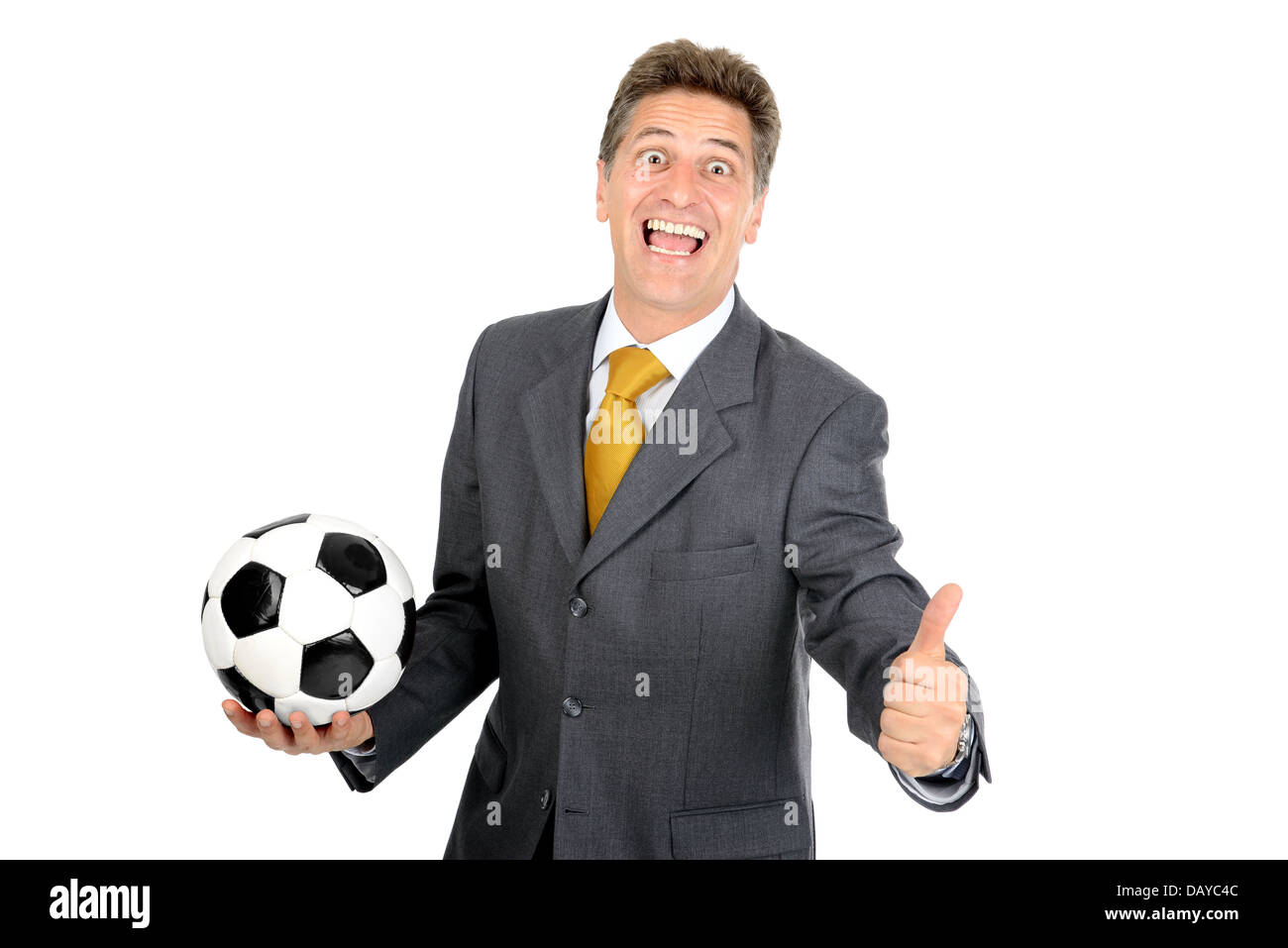 Businessman with soccer ball isolated in white Stock Photo - Alamy