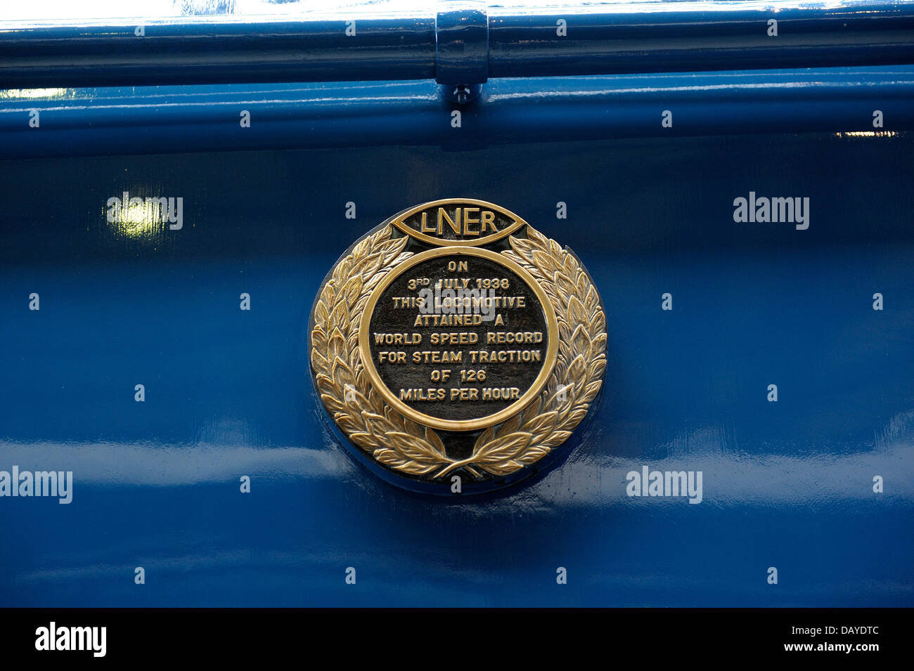 York England .A4 pacific steam locomotives 4468 Mallard LNER steam traction world speed record plaque National Railway Museum Stock Photo