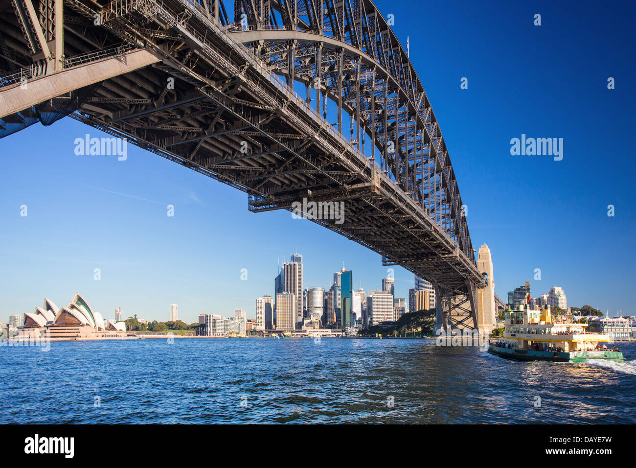 View of Sydney city CBD and the Sydney Harbour Bridge from the north shore, Australia Stock Photo