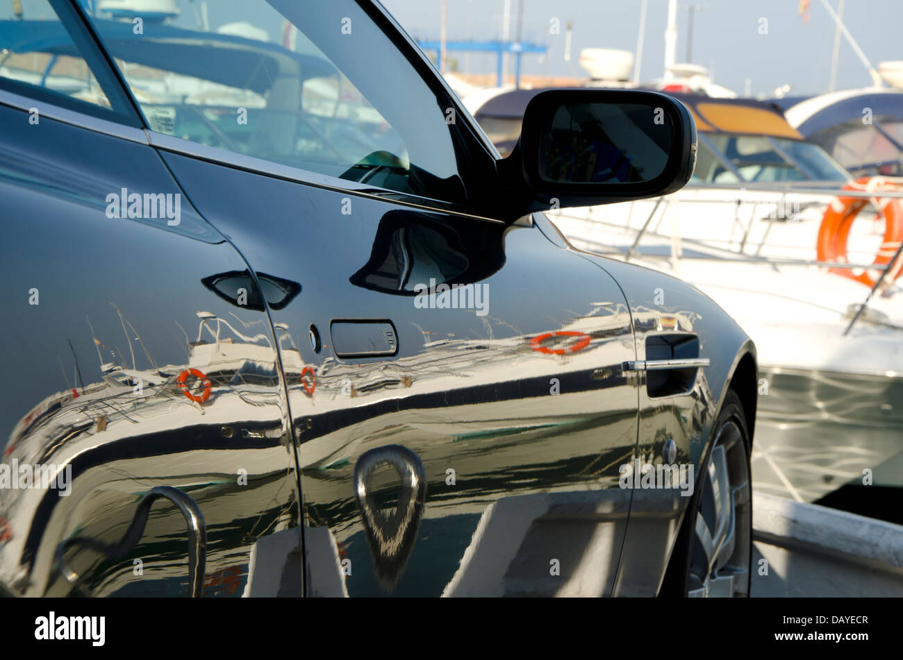 Luxury car parked in the marina Puerto banus in Marbella. Costa del Sol
