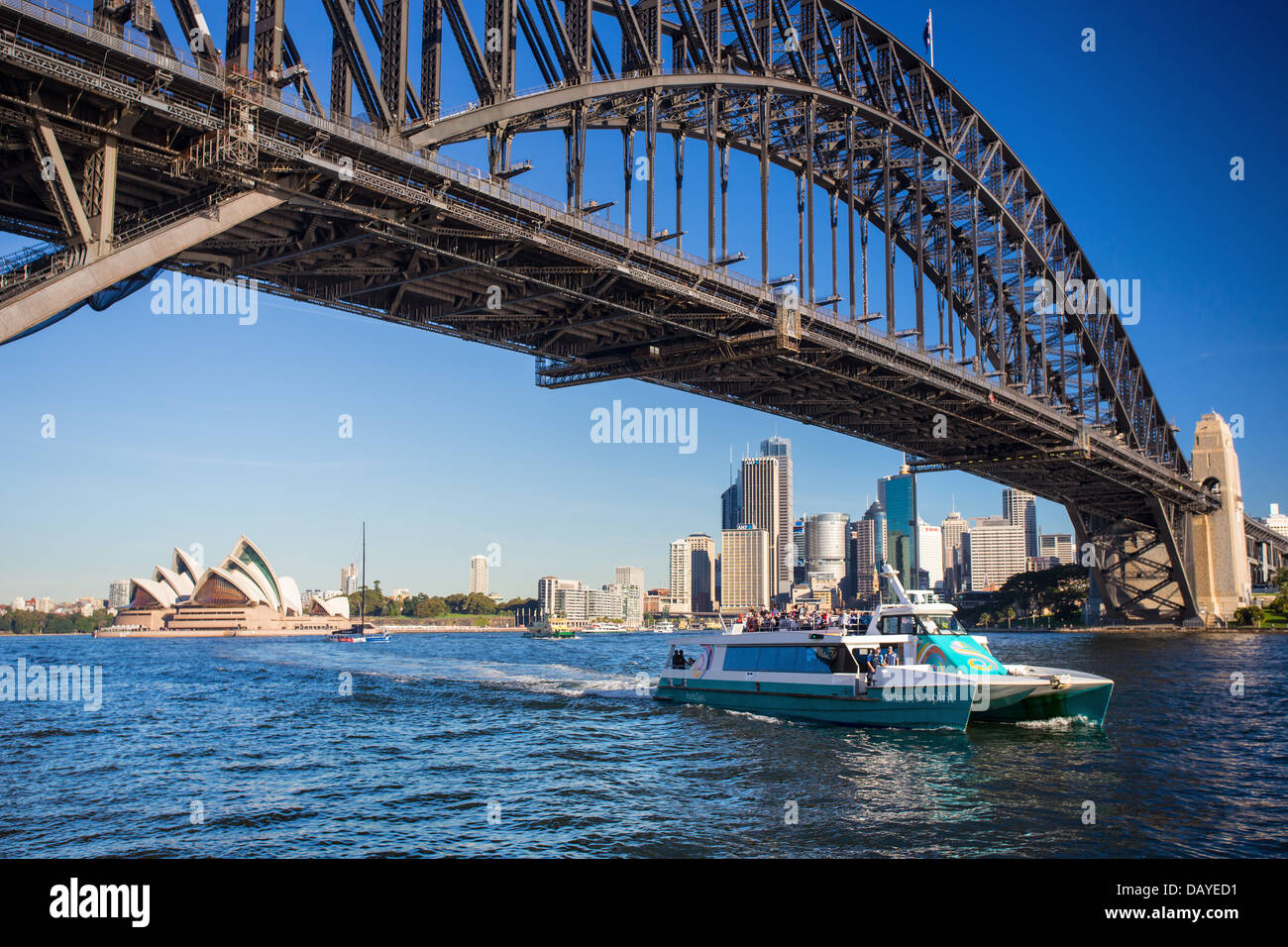 View of Sydney city CBD and the Sydney Harbour Bridge from the north shore, Australia Stock Photo