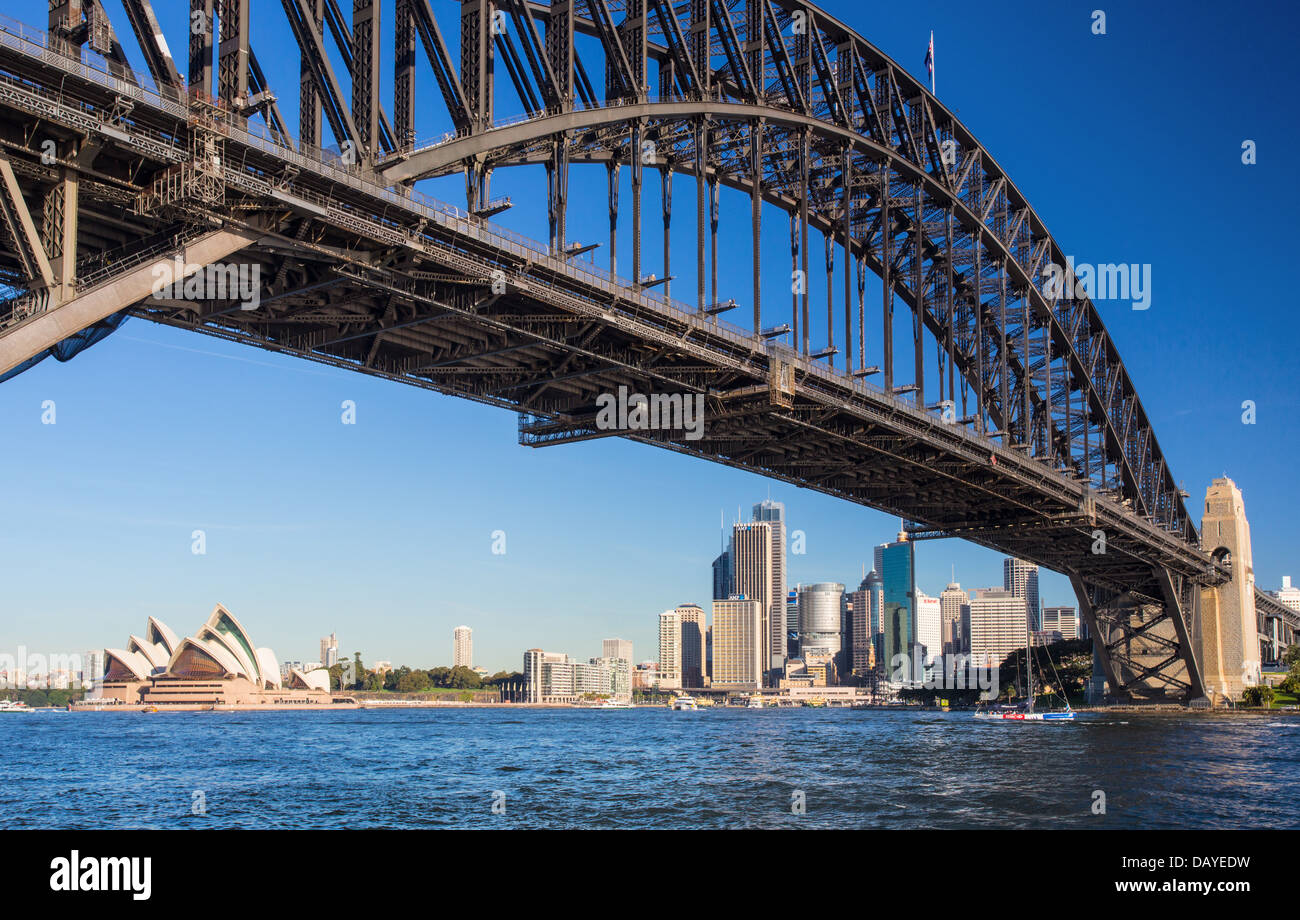 View of Sydney city CBD and the Sydney Harbour Bridge from the north shore, Australia Stock Photo