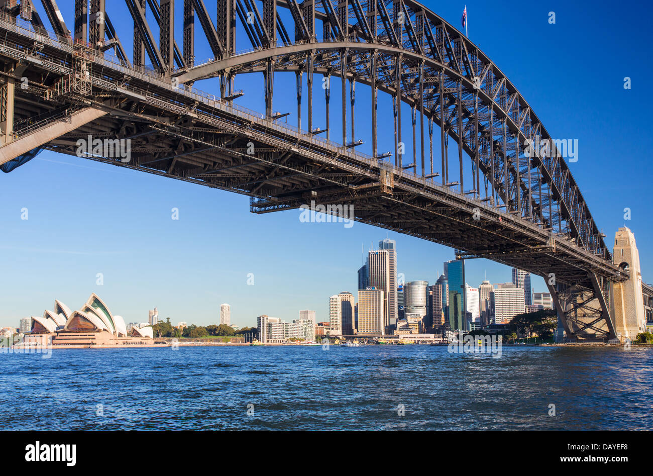 View of Sydney city CBD and the Sydney Harbour Bridge from the north shore, Australia Stock Photo