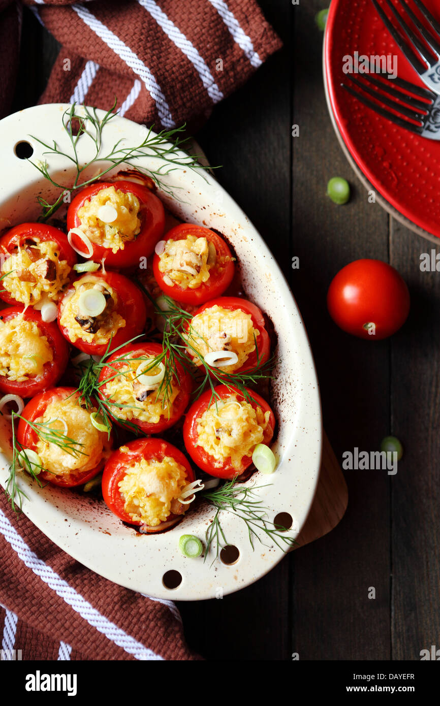 baked stuffed tomatoes with rice, close up Stock Photo