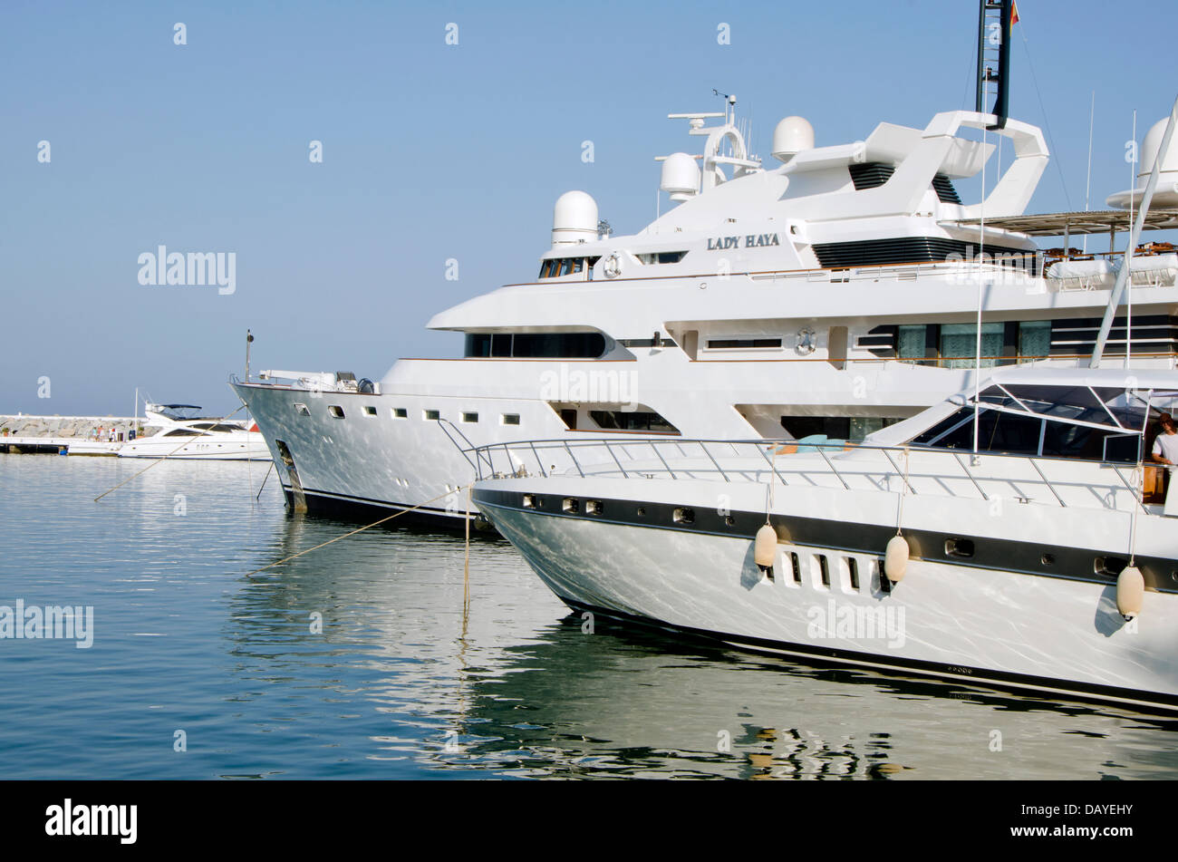 Saudi Royal super yacht Lady Haya moored in luxury marina Puerto banus in Marbella. Costa del Sol, Spain. Stock Photo