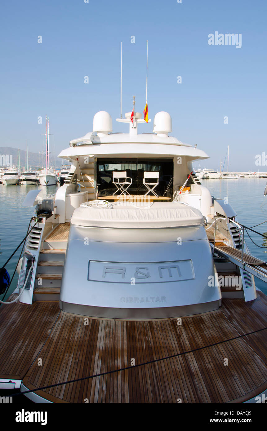Deck of a yacht from Gibraltar in Puerto Banus, Marbella. Costa del Sol, Spain Stock Photo