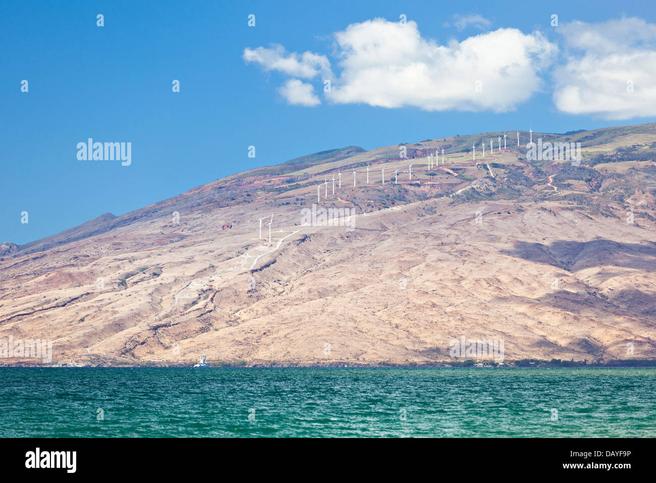 Wind turbines on the Lahaina peninsula in Maui, Hawaii. Stock Photo