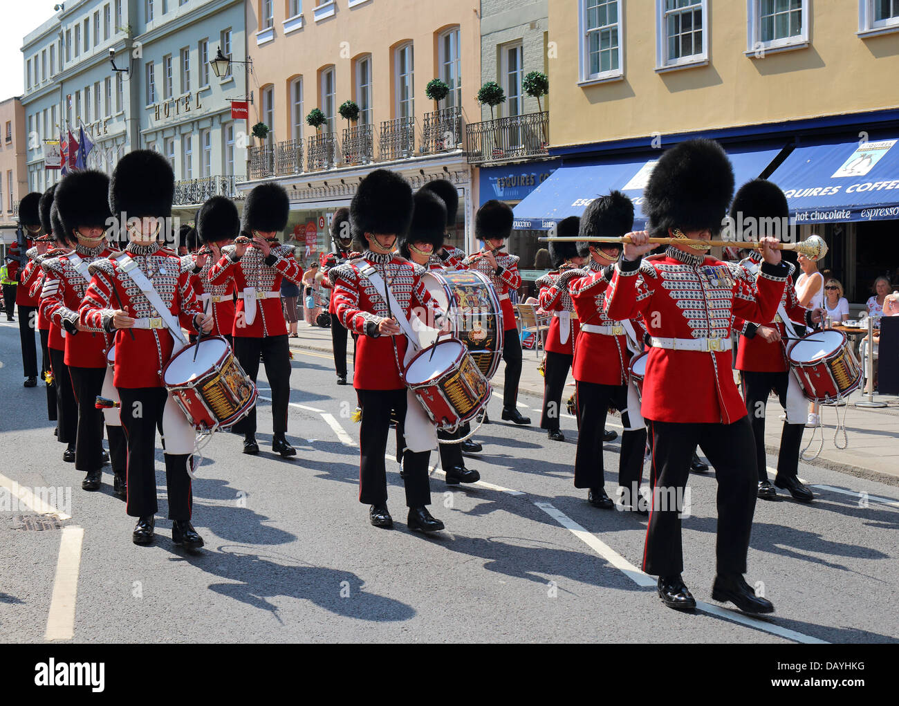 The Military Fife and Drum Band of the Grenadier Guards marching through Royal Windsor for the Changing of the Guard Ceremony Stock Photo