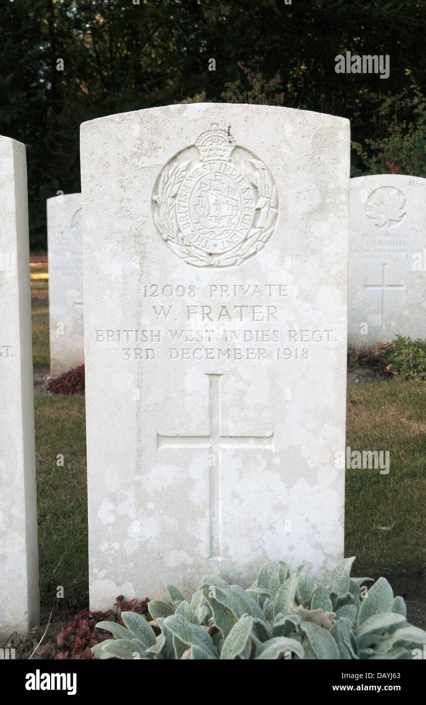 Grave of Pvt W Frater, British West Indies Regiment, Étaples Military Cemetery (CWGC), Etaples, Pas de Calais, France. Stock Photo