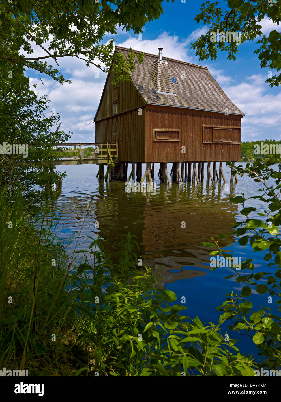 Stilt house in the Hausteich, Plothen ponds, Thuringia, Germany Stock Photo