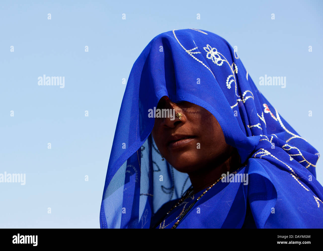 An Indian woman hides poses behind her blue veil of mystery. Stock Photo