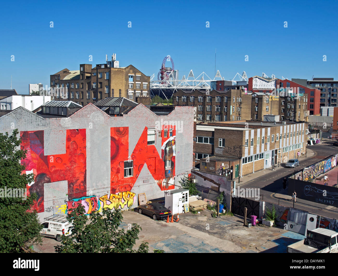 View of the Olympic Stadium and Orbit from Hackney Wick Station, Hackney Wick, East London, England, United Kingdom Stock Photo