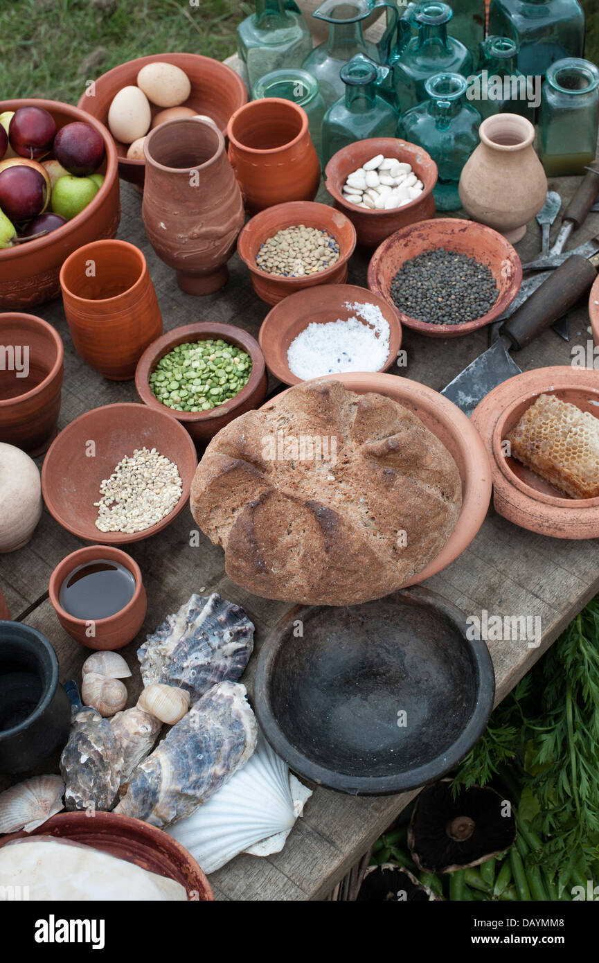Table of wine and food in a roman camp at a historical re enactment display Stock Photo