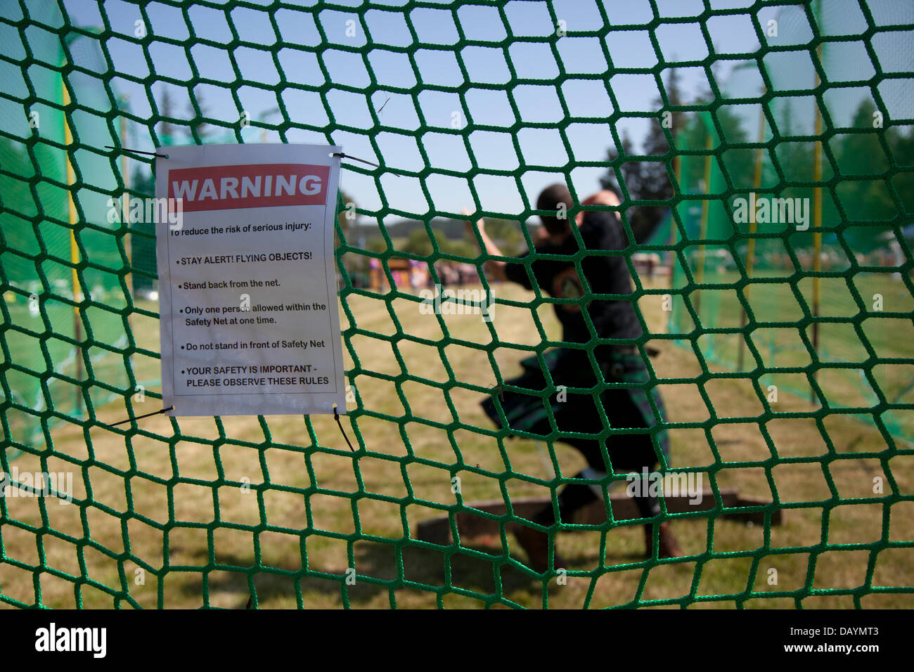 Safety rules at Scottish Highland Games Tomintoul, Scotland, UK. 20th July, 2013. Heavy throwing