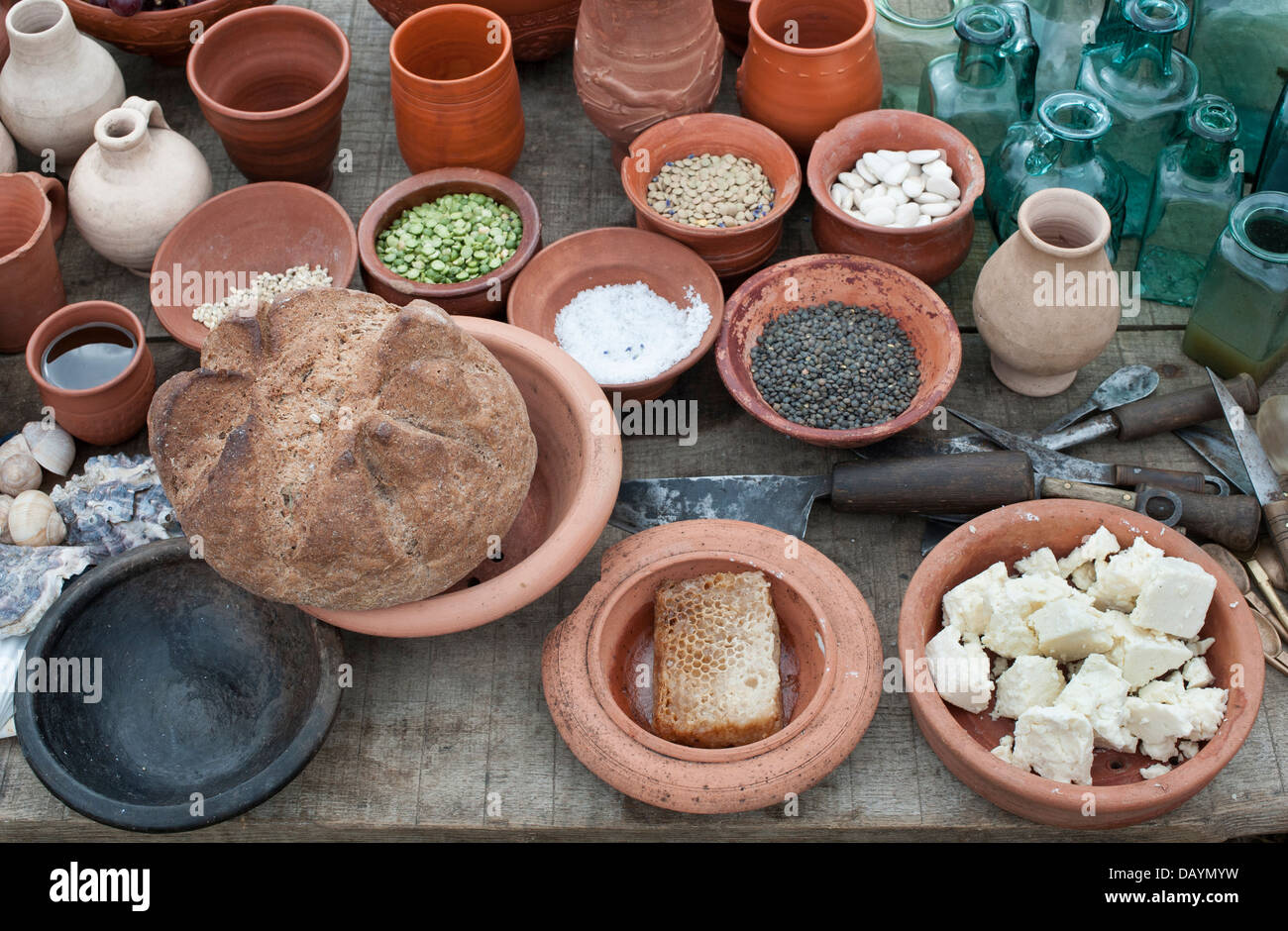 Table of wine and food in a roman camp at a historical re enactment display. Stock Photo