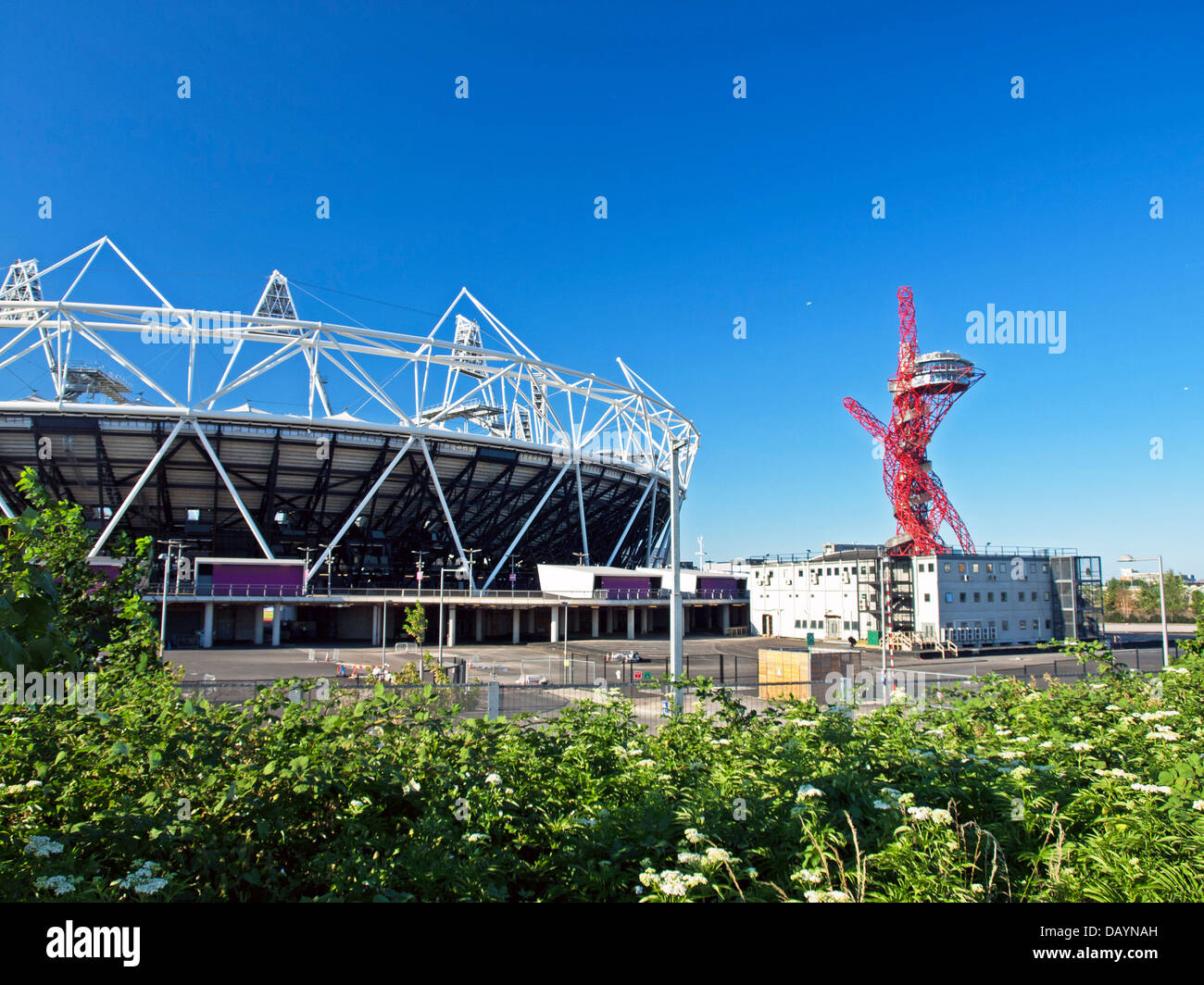 View of the Olympic Stadium, host stadium for the 2012 Summer Olympics and Paralympics, and the ArcelorMittal Orbit Stock Photo