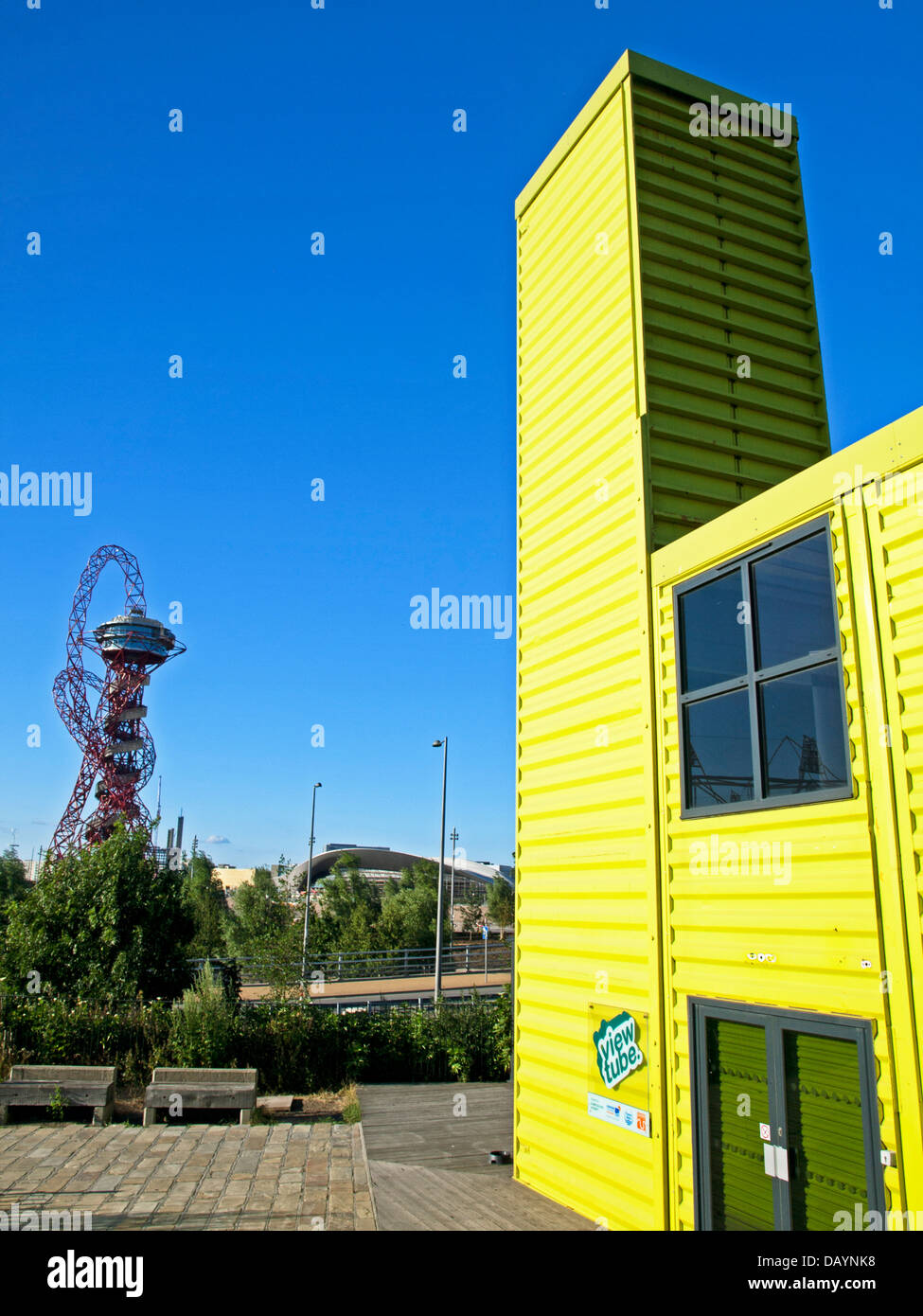 The View Tube cafe and the ArcelorMittal Orbit in the Olympic Park, Stratford, East London, England, United Kingdom Stock Photo