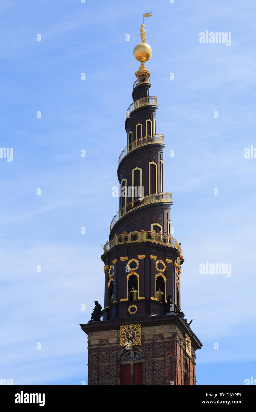 Serpentine spire of Baroque Church of Our Saviour with external winding staircase in Christianshavn, Copenhagen, Amager, Denmark Stock Photo