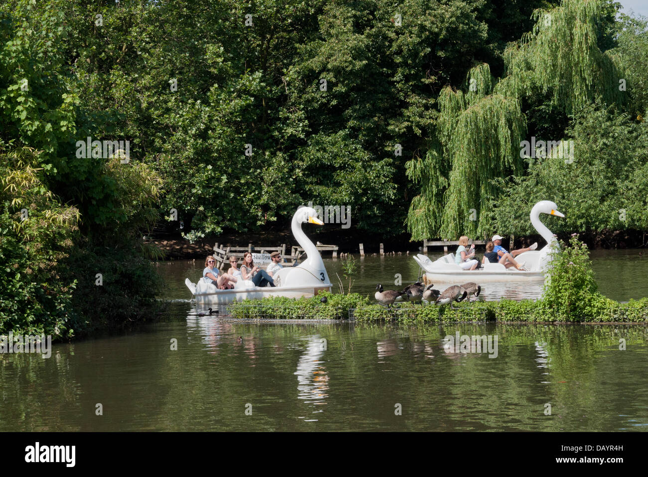 People enjoy the novelty pleasure boats as beautiful summer weather draws crowds to the Alexandra Palace Park boating lake in London, UK. Stock Photo