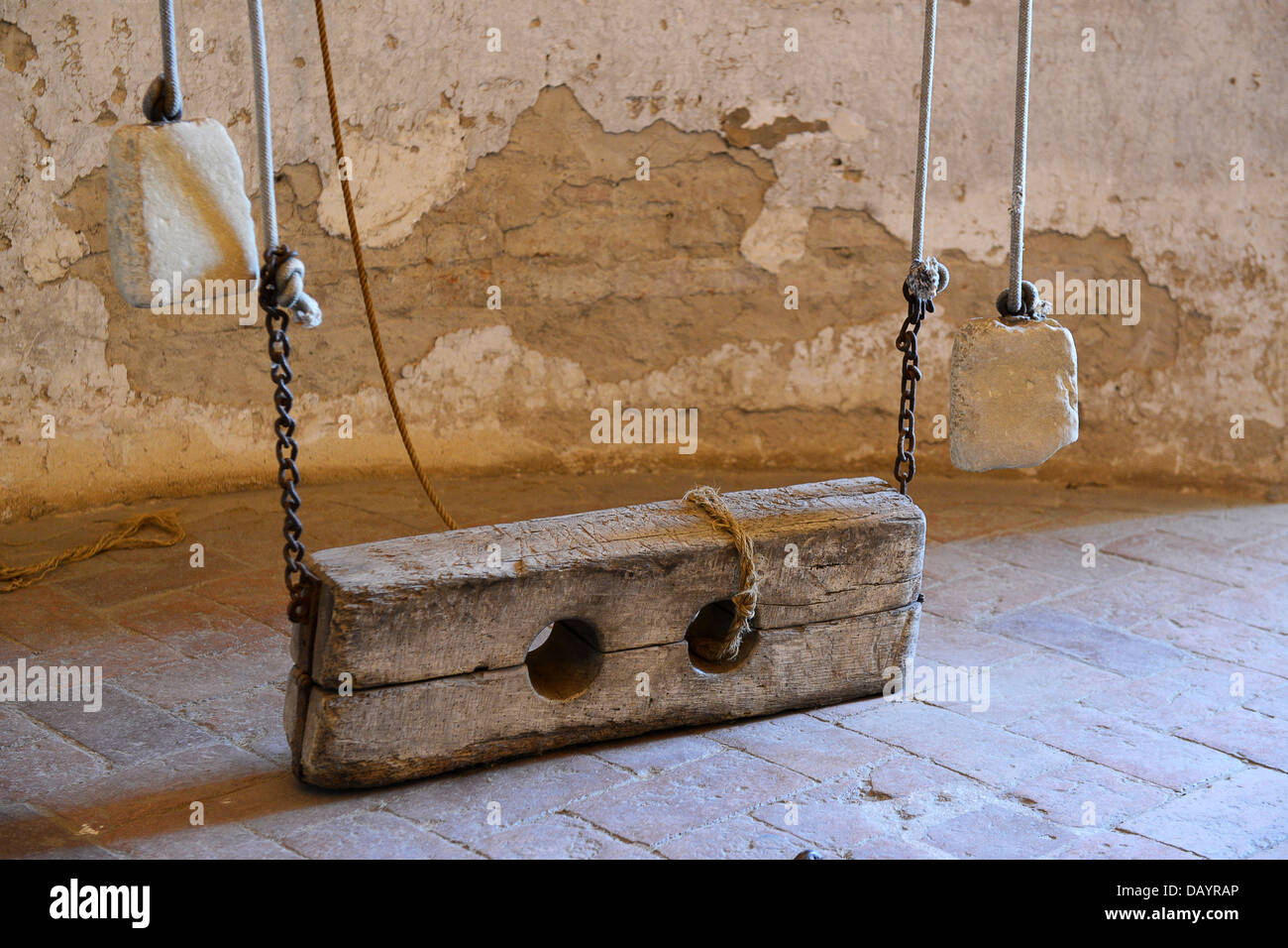 Torture chamber used in 17th & 18th century in the dungeon at Dozza Castle in Italy Stock Photo