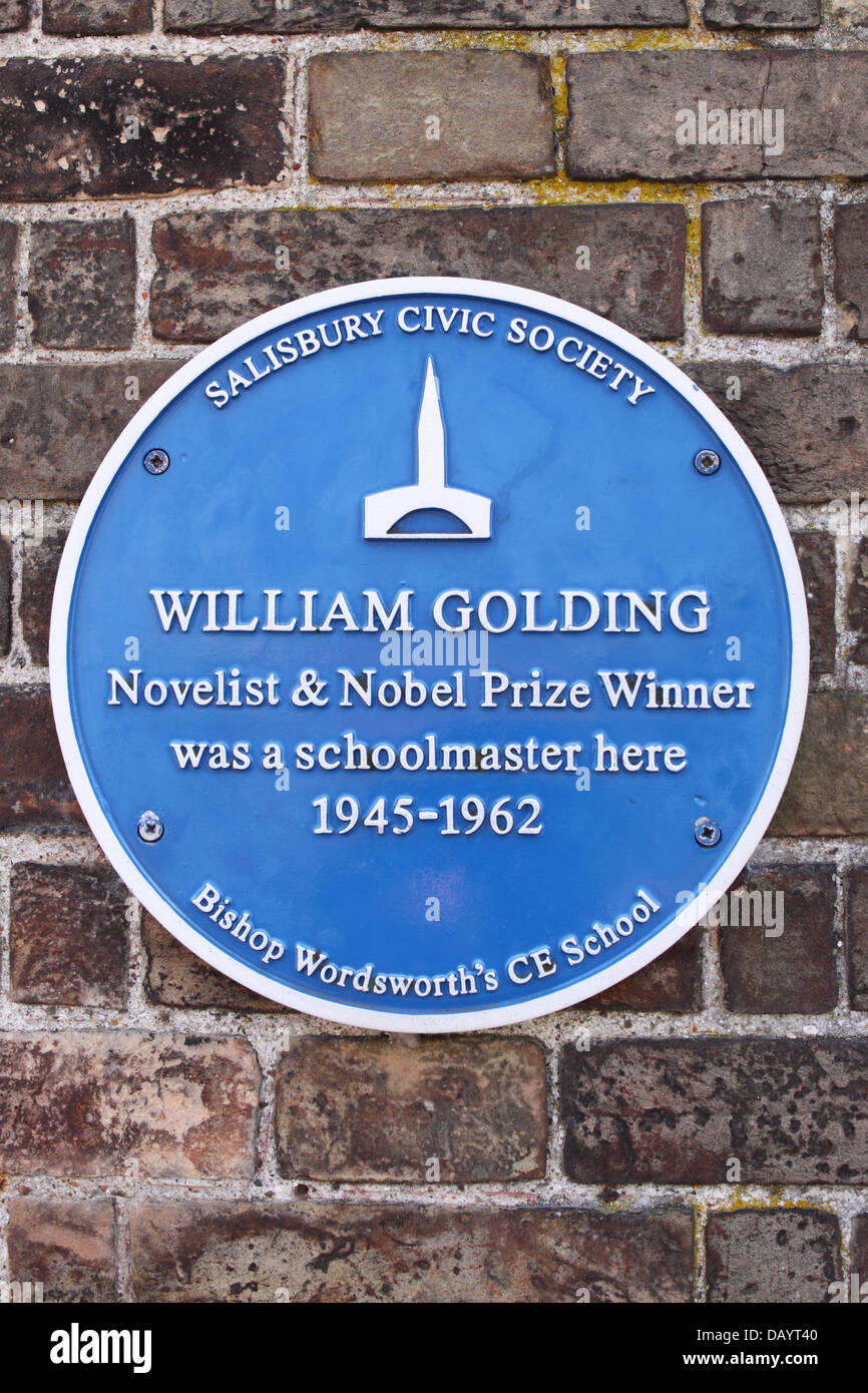 William Golding blue plaque commemorating the novelist and noble prize winner at Bishops Wordsworth school in Salisbury UK Stock Photo