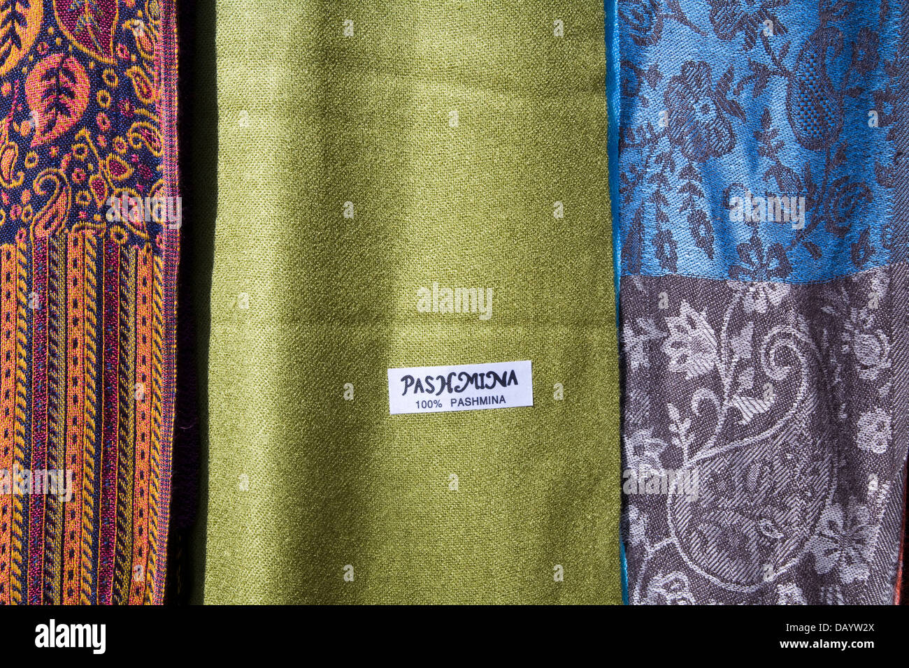 Colorful fabric on display at Al-Husn Souq, Salalah, Dhofar Province, Oman. Stock Photo