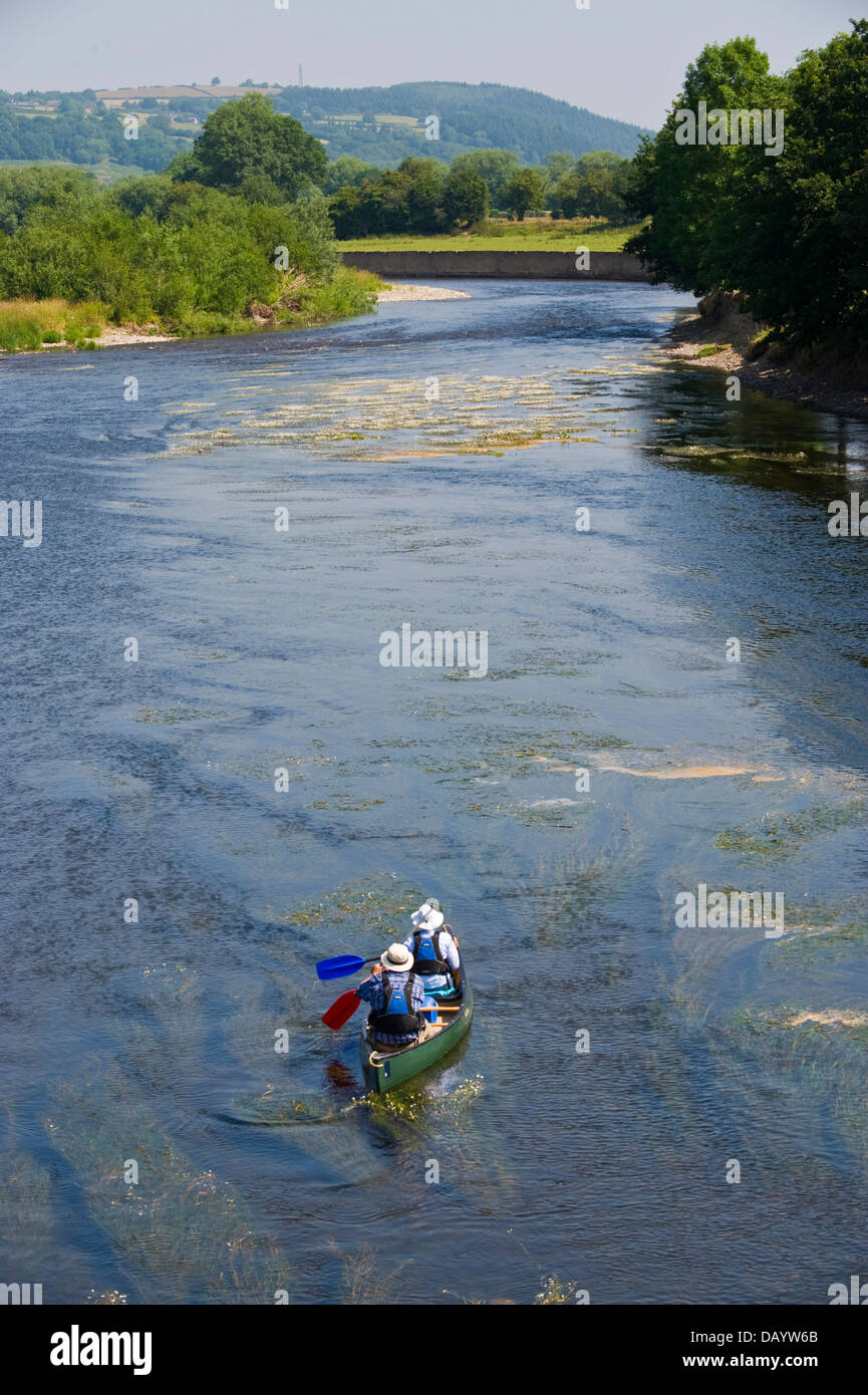 Canoeists in open canoe paddling down the River Wye at Glasbury Powys
