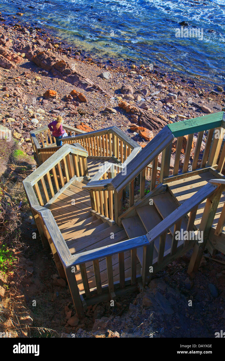 wooden steep high vertical stairs staircase Hallett Cove Adelaide South Australia winding zig zag Stock Photo