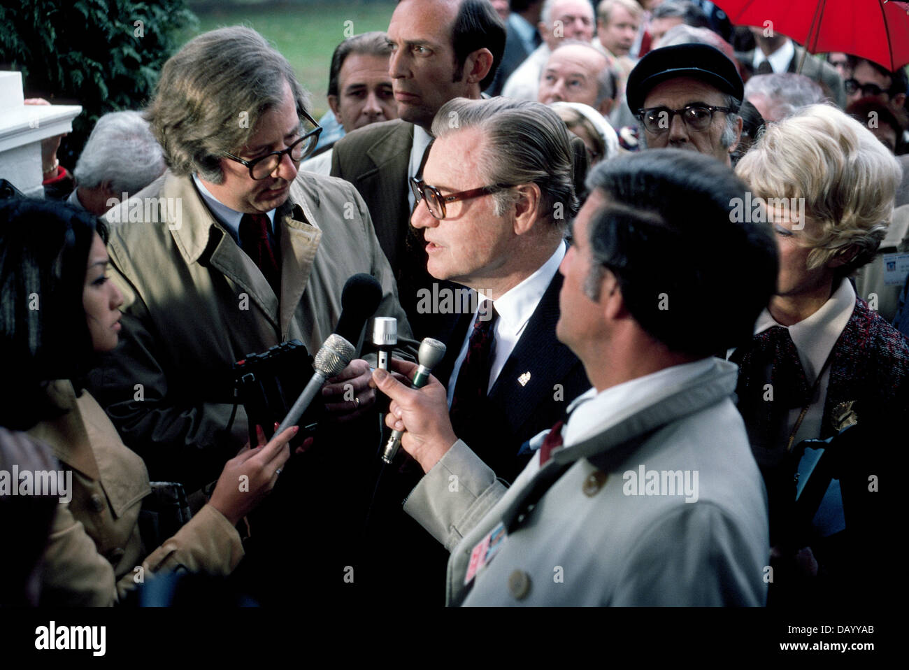 The press interviews Nelson A. Rockefeller in 1976 in Washington, D.C., USA, during his term as the 41st Vice President of the United States(1974-77). Stock Photo