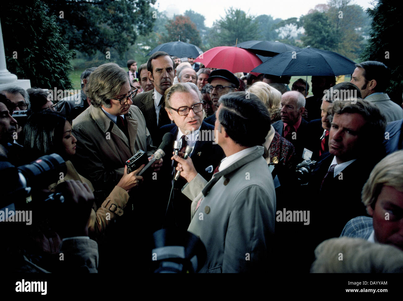 The press interviews Nelson A. Rockefeller in 1976 in Washington, D.C., USA, during his term as the 41st Vice President of the United States(1974-77). Stock Photo