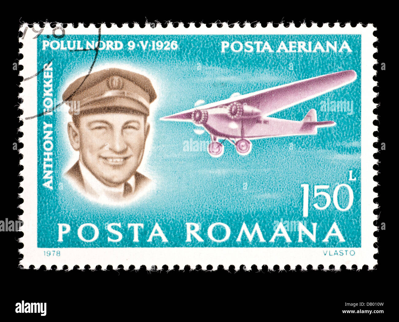Postage stamp from Romania depicting Anthony Fokker and an early aircraft. Stock Photo