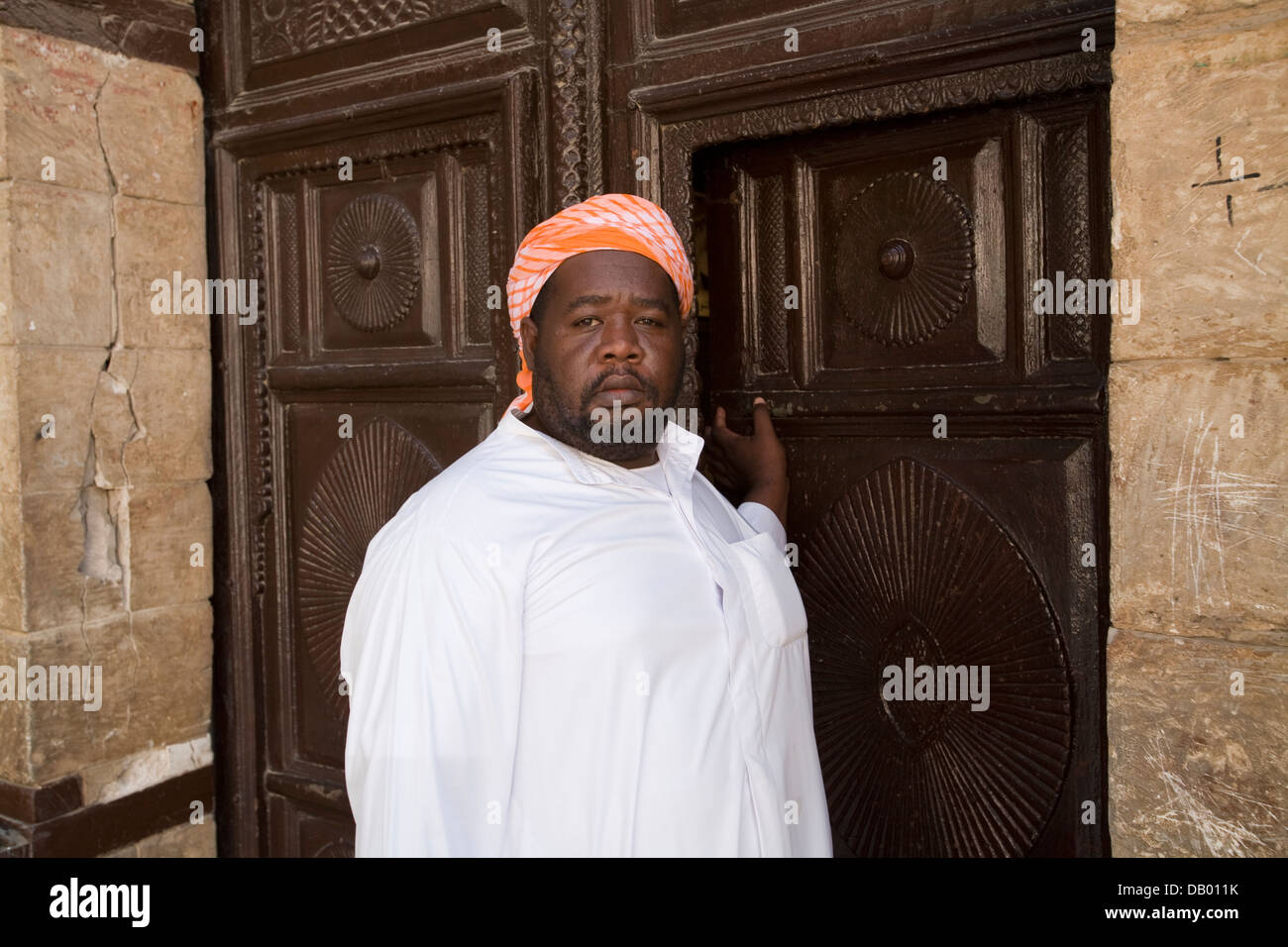 Doorman at Naseef House, Old Jeddah (Al-Balad), Saudi Arabia. Stock Photo