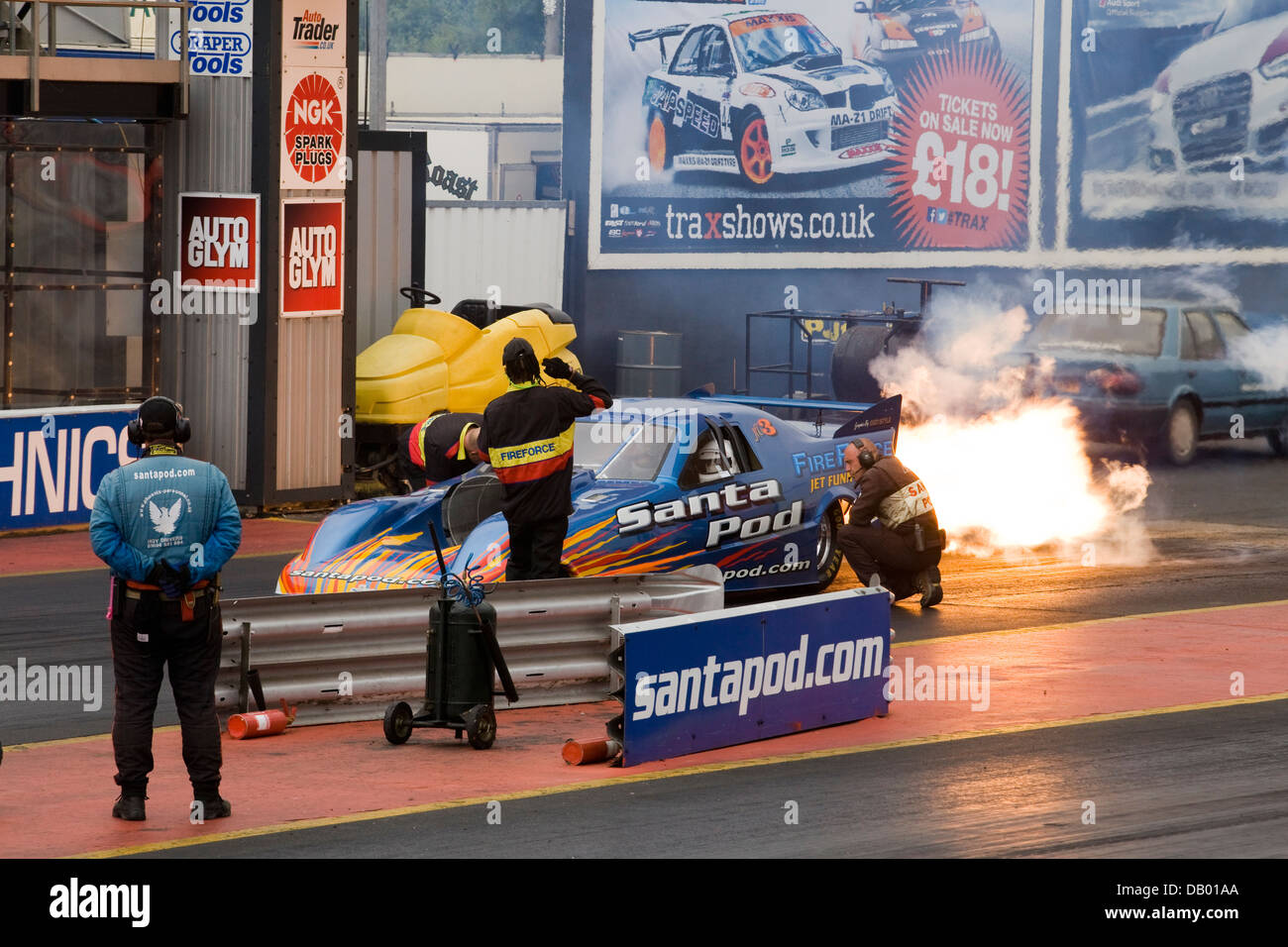 Santa Pod Jet Funny Car Fire Force at the warm up to setting it off