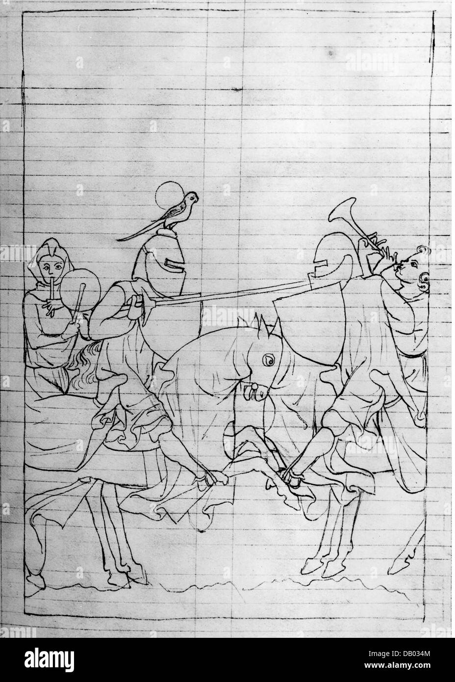 Middle Ages, knights, joust, sketch from the Codex Manesse, 14th century, sketch, sketches, illumination, illuminations, Middle Ages, medieval, mediaeval, knight's armour, knight's armor, art of painting, fine arts, art, musician, musicians, wind player, the wind, knights festival, helmets, helmet, military, lance, lances, historic, historical, people, Additional-Rights-Clearences-Not Available Stock Photo