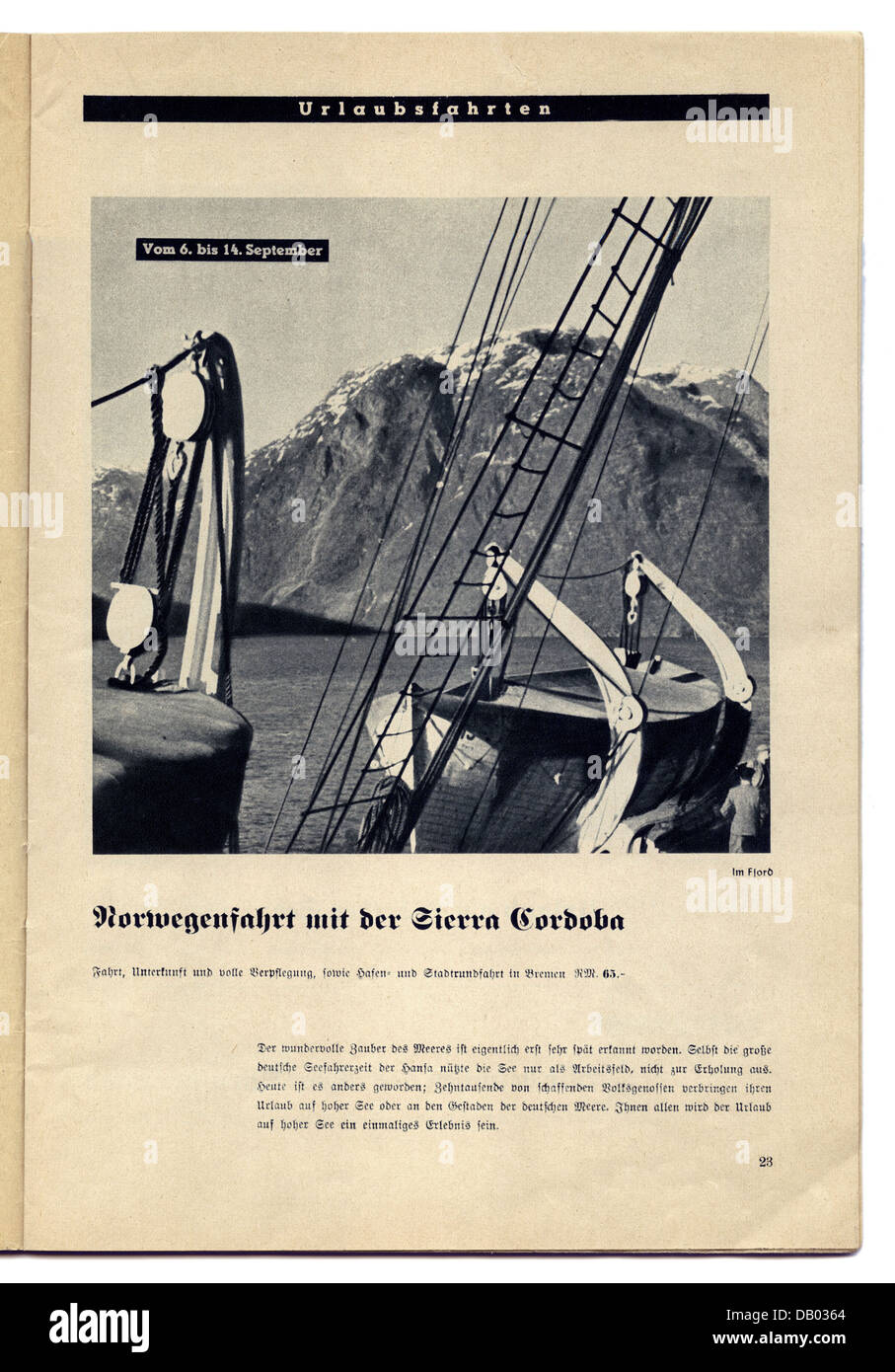 National Socialism, organisations, 'Strength Through Joy' ('Kraft durch Freude', KDF), program magazine of Gau Munich-Upper Bavaria, August 1938, advert, ride to Norway with the 'Sierra Cordoba', Additional-Rights-Clearences-Not Available Stock Photo
