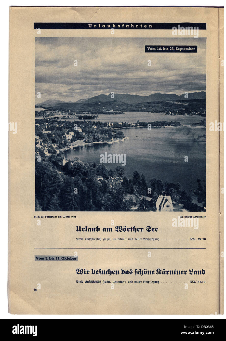 National Socialism, organisations, 'Strength Through Joy' ('Kraft durch Freude', KDF), program magazine of Gau Munich-Upper Bavaria, August 1938, advert, holiday at Woerthersee, Additional-Rights-Clearences-Not Available Stock Photo