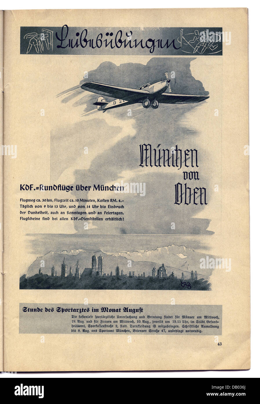 National Socialism, organisations, 'Strength Through Joy' ('Kraft durch Freude', KDF), program magazine of Gau Munich-Upper Bavaria, August 1938, advert, sightseeing flight Munich from above, , Additional-Rights-Clearences-Not Available Stock Photo