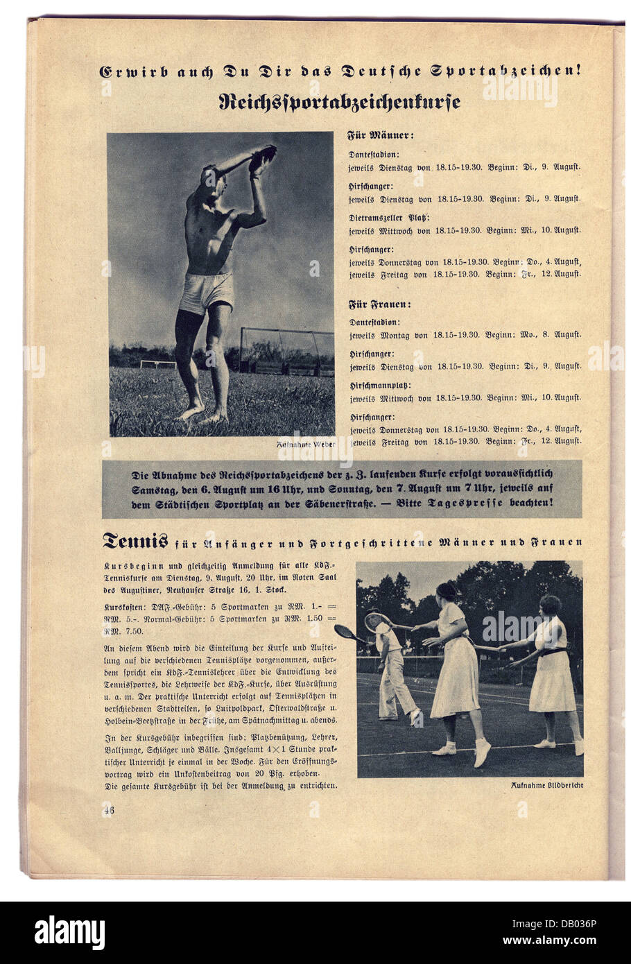 National Socialism, organisations, 'Strength Through Joy' ('Kraft durch Freude', KDF), program magazine of Gau Munich-Upper Bavaria, August 1938, advert, courses for Reichssportabzeichen (Reich Sport Badge) and tennis, Additional-Rights-Clearences-Not Available Stock Photo