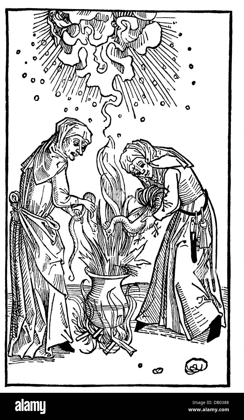 witches making bad weather, woodcut, from 'Tractatus von den boesen Weiben, die man nennet die Hexen' (Tract on the evil women called witches), by Ulrich Molitor, Ulm, 1508, , Additional-Rights-Clearences-Not Available Stock Photo