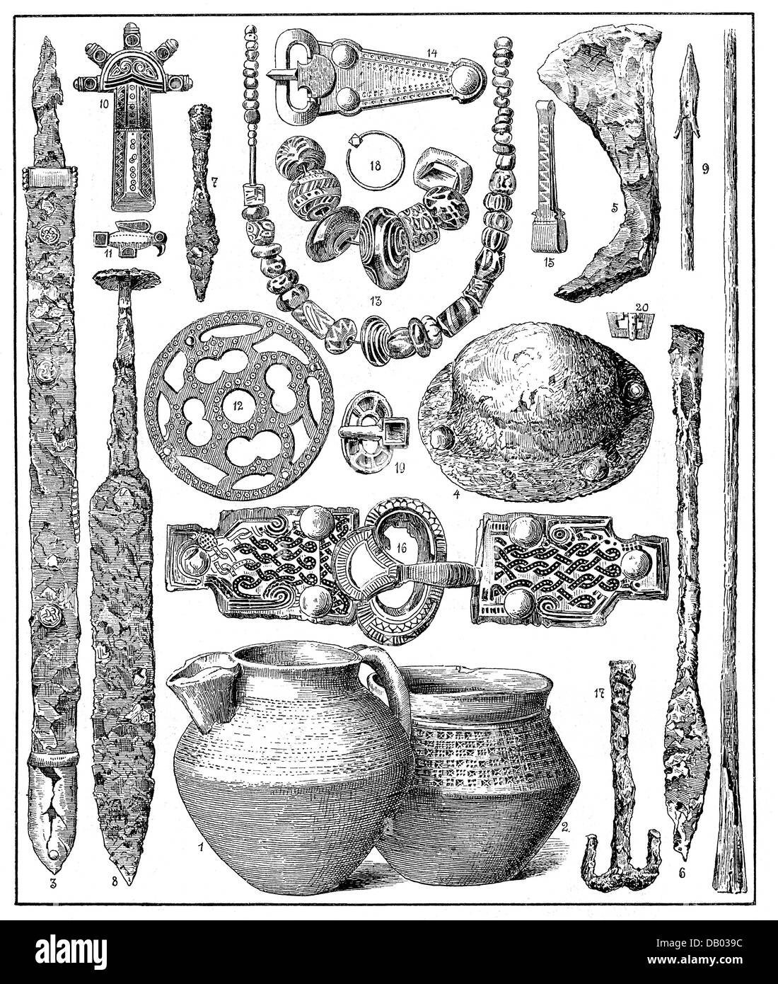 Middle Ages, late antiquity / Early Middle Ages, weapons, jewellery and tools of the Franks and Alemanni, wood engraving, 19th century, sword, swords, pot, pots, necklace, necklaces, spearhead, spearheads, jewellery, objects, pendants, pendant, ancient, medieval, mediaeval, historic, historical, people, Additional-Rights-Clearences-Not Available Stock Photo