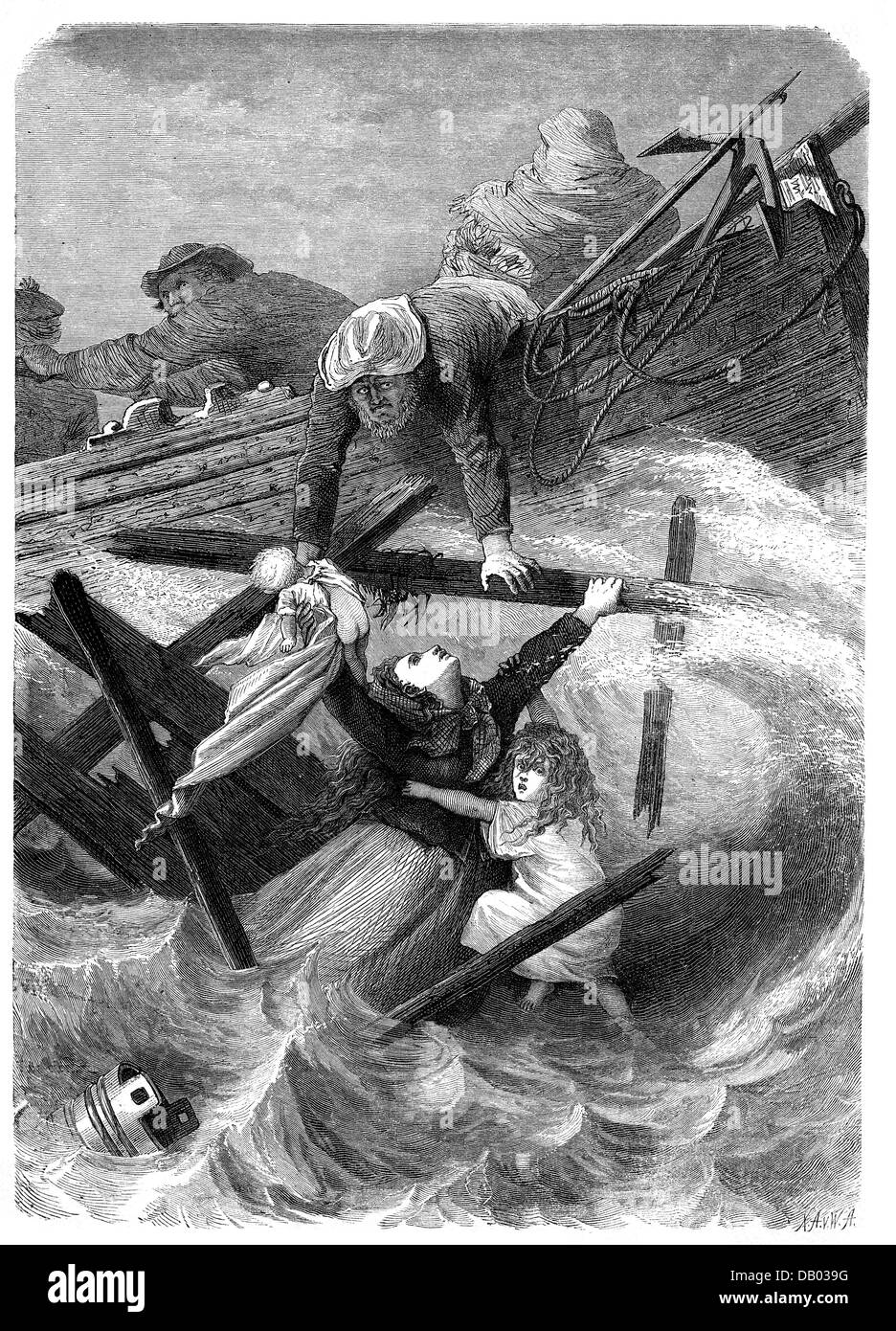 transport / transportation, navigation, disasters, sailors rescue a mother and her child, 'In the last moment', after a motif from the island of Falster, Denmark, wood engraving after drawing by E. Knutsen, published in 'Die Gartenlaube', 1873, Additional-Rights-Clearences-Not Available Stock Photo