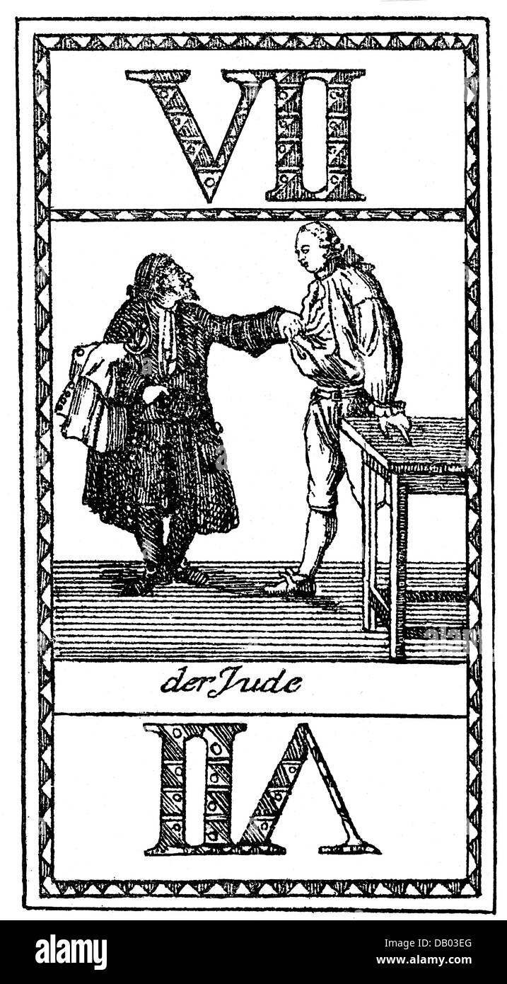 Judaism, caricature, a Jew is stripping the shirt of a deptor, German playing card, 18th century, anti-Semitism, Jews, people, satire, merchant, moneylender, money, playing cards, game, dept, Germany, historic, historical, Additional-Rights-Clearences-Not Available Stock Photo
