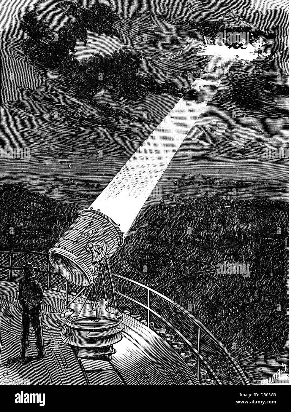 energy, electricity, light, a searchlight, developed by the French military officer Mangin and mounted on the Eiffel tower, illuminating a cloud, wood engraving, late 19th century, electrical, electric, searchlight, searchlights, beam of light, light ray, beams of light, light rays, Paris, France, illumination, illuminations, clouds, cloud, invention, inventions, technics, historic, historical, Additional-Rights-Clearences-Not Available Stock Photo