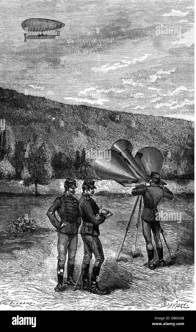 military communications, French soldiers exchange messages with an airship via a megaphone with a range of 4 kilometers, wood engraving, 19th century, Signals, signalman, signalmen, amplifier, distance, distances, uniform, uniforms, France, megaphone, megaphones, speech, speeches, communication, communications, voice transmission, historic, historical, army, people, Additional-Rights-Clearences-Not Available Stock Photo