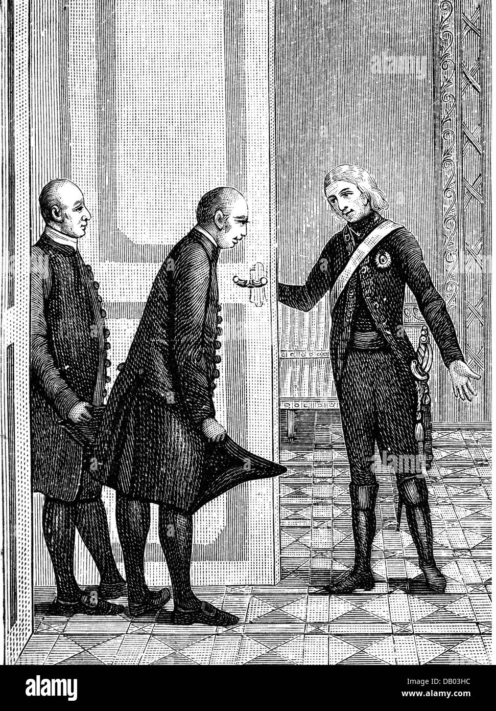 custom, Brauchtum, Halloren, Halle an der Saale, Germany, deputation of Halloren is welcomed by King Frederick II 'the Great' of Prussia, circa 1750, wood engraving, 1890, Additional-Rights-Clearences-Not Available Stock Photo