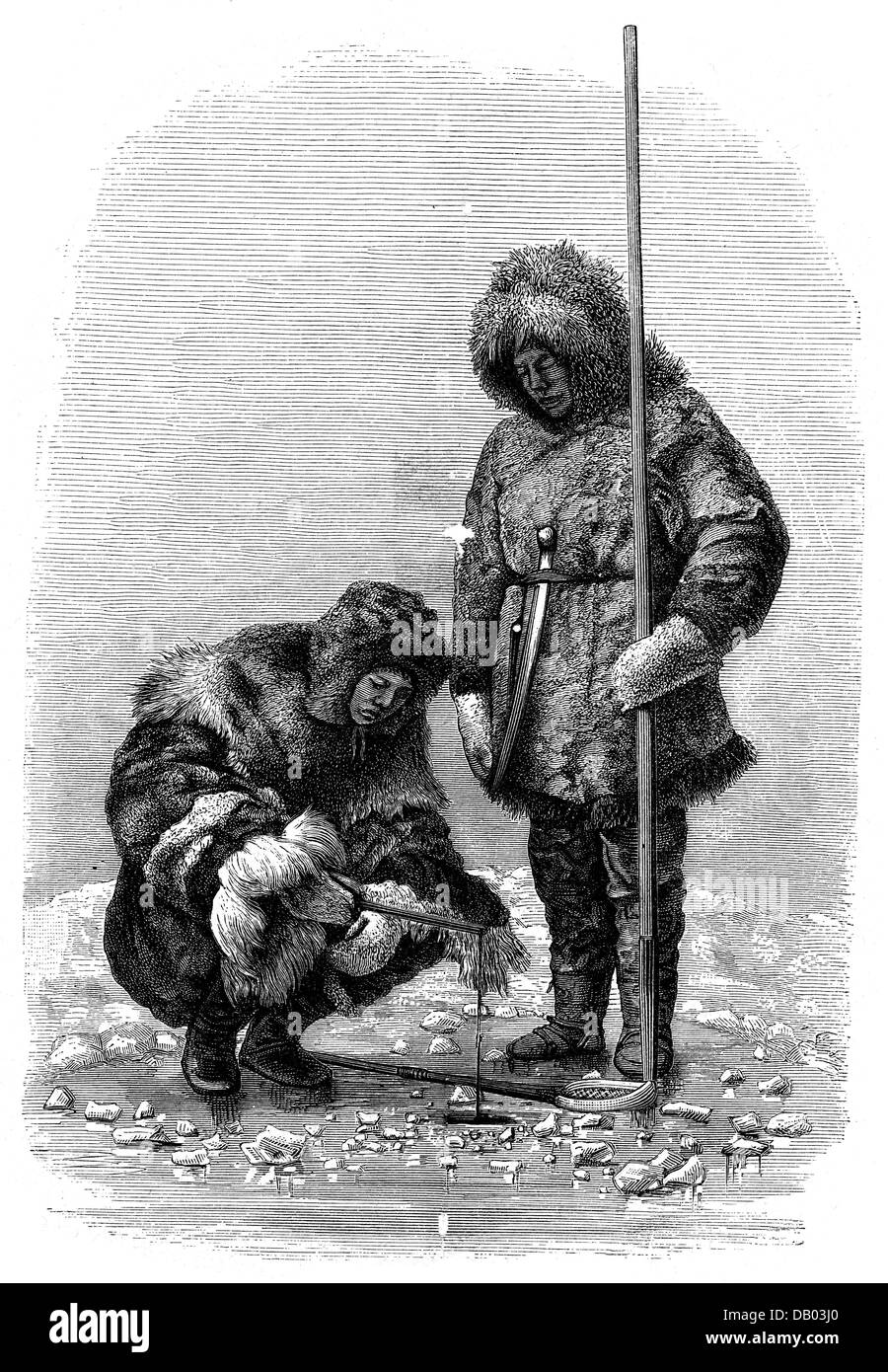 fishing, ice fishing, Chukchi fishing, wood engraving, 19th century, people, ethnic group, Russia, Russian Empire, rope, historic, historical, Additional-Rights-Clearences-Not Available Stock Photo