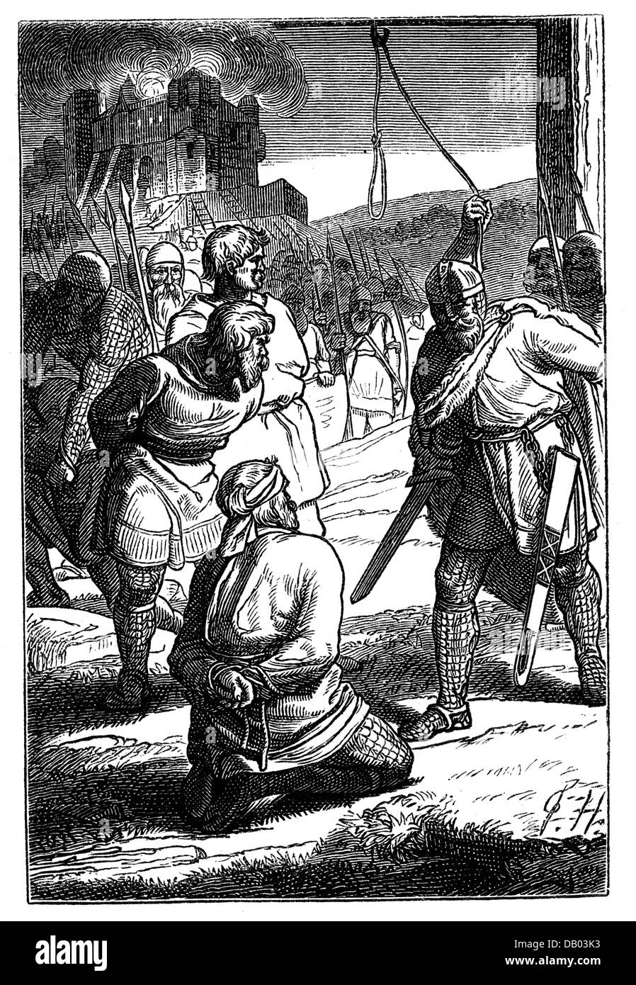 Middle Ages, knights, robber barons are executed and their castles burned to the ground, wood engraving by Friedrich Hottenroth, 19th century, capital punishment, penalty, penalties, punishment, punishments, soldiers, soldier, warrior, warriors, gallows, gibbet, gibbets, cord, cords, castle, castles, burn, burning, fire, medieval, mediaeval, sword, swords, historic, historical, castle, people, Additional-Rights-Clearences-Not Available Stock Photo